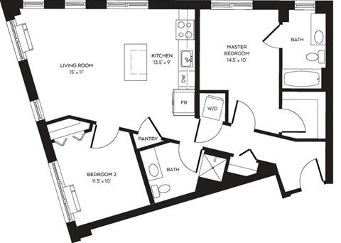Floor plan for 2 beds, 2 baths, 978 sqft